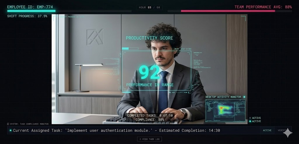 Worker surveillance HUD — same aesthetic, different use case